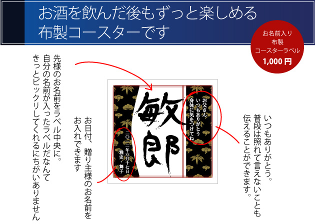お酒を飲んだ後もずっと楽しめる布製コースターラベルです