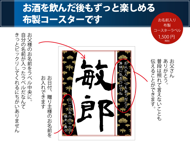 お酒を飲んだ後もずっと楽しめる布製コースターラベルです